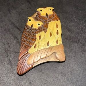 Artisan Wooden Owl Pair - Brown and Yellow
